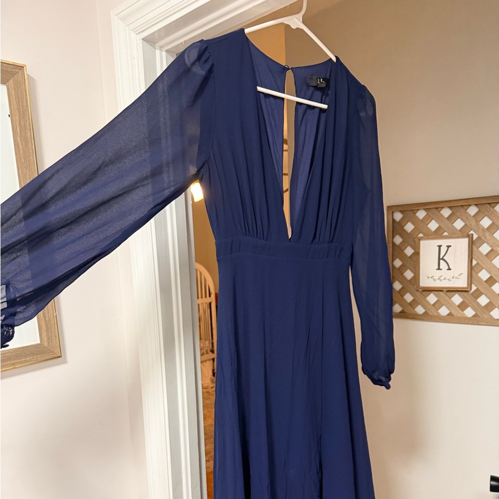 Lulu's Deep V Navy Long-Sleeve Maxi Dress